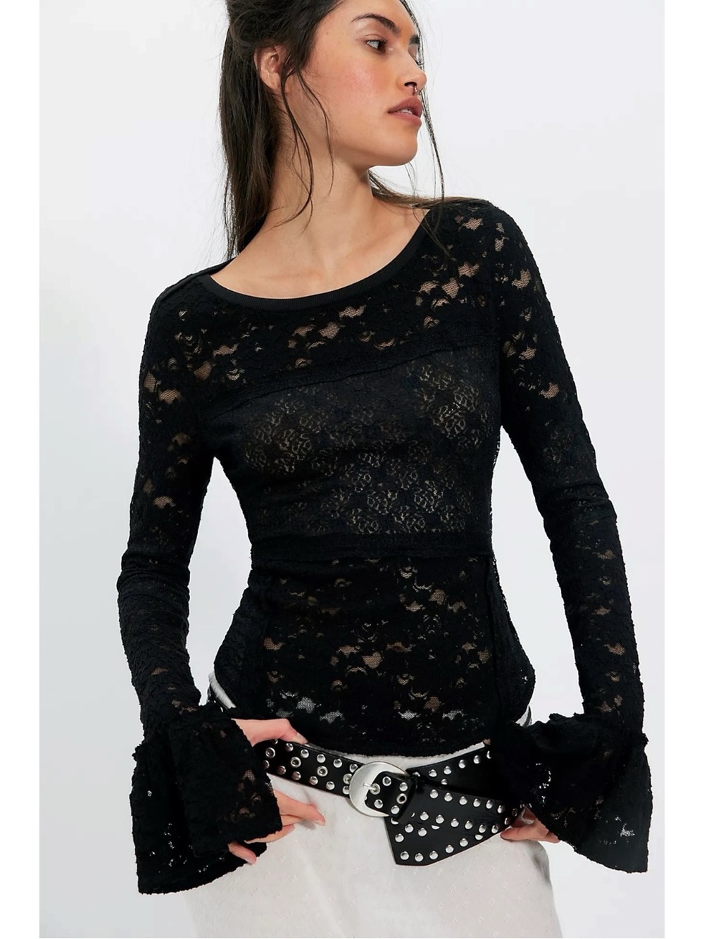 Free People Witchy Victorian Sheer Lace Flared Long Sleeve Top Black Small NWT
